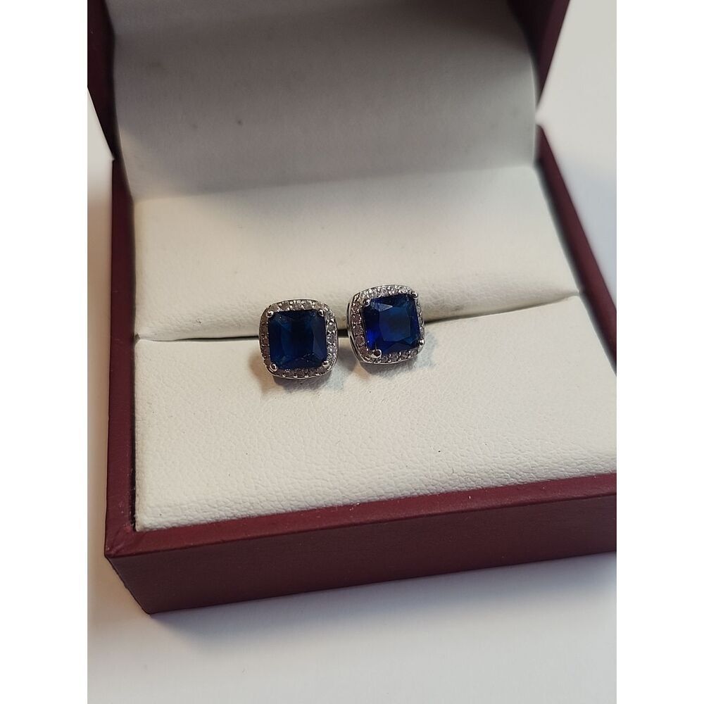 Sterling Silver Blue Cushion-Cut Halo Stud Earrings
